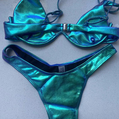 Sexy Triangle Bikini 2022 holographic Blue Push Up Extreme Thong Swimwear Brazilian Bandage Bathing Suit Swimsuit Micro Biquini - Kimlud
