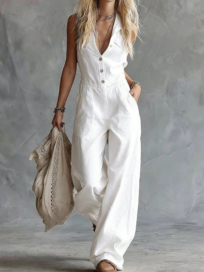 Women Summer Sleeveless Patchwork Jumpsuit Wide Leg Pants Playsuit Chic Bodysuit Button Detail Holiday Fashion Simple Design New - Kimlud