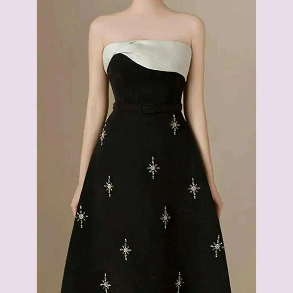 DEAT Elegant Dress Spliced Diamonds Contrast Color Strapless Sleeveless Women's Party Dresses 2024 Autumn New Fashion 15C159