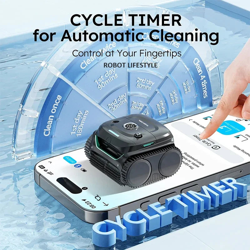 Robot Pool Cleaner Cordless APP Cleaning Background and Walls 180um+Ultra Fine Filter 3Hours Runtime Scheduled Periodic