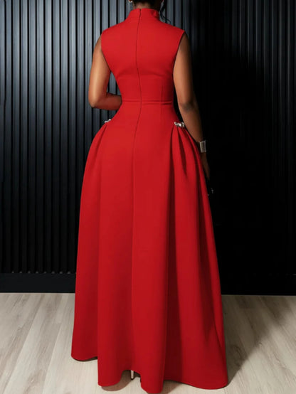 Women High Neck Sleeveless Fitted Floor Length Maxi Dress With Side Flared Detail For Formal Gala Wedding And Evening...