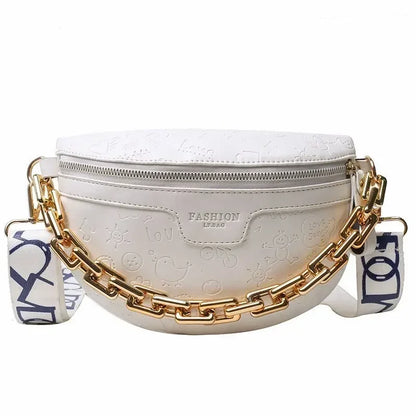 Cartoon Pattern empaistic PU Leather Fanny Pack For Women Luxury Chain Waist Bag Female Cute Waist Pack Wide Strap Crossbody Bag