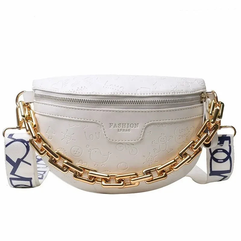 Cartoon Pattern empaistic PU Leather Fanny Pack For Women Luxury Chain Waist Bag Female Cute Waist Pack Wide Strap Crossbody Bag