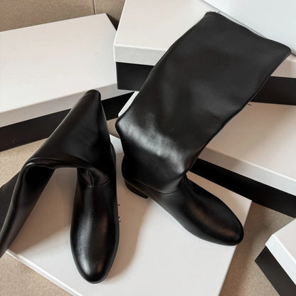 Women's genuine leather round toe slip-on flats autumn knee high boots casual female soft comfortable knight boots shoes woman