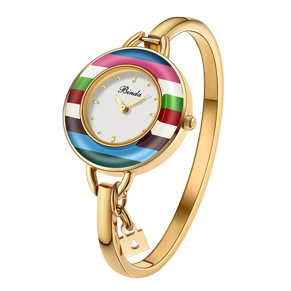 Binda Women’s Elegant Waterproof Quartz Watch – Rainbow Gold Stainless Steel Bracelet, Round Delicate Dial | Kimlud Mid...