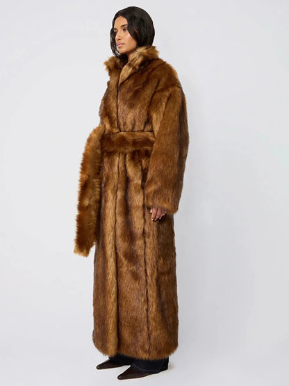 DEAT Fashion Brown X-long Faux Fur Coat Women's Lapel Loose Long Sleeves Sashes Plush Thick Overcoat Winter New 7A1470