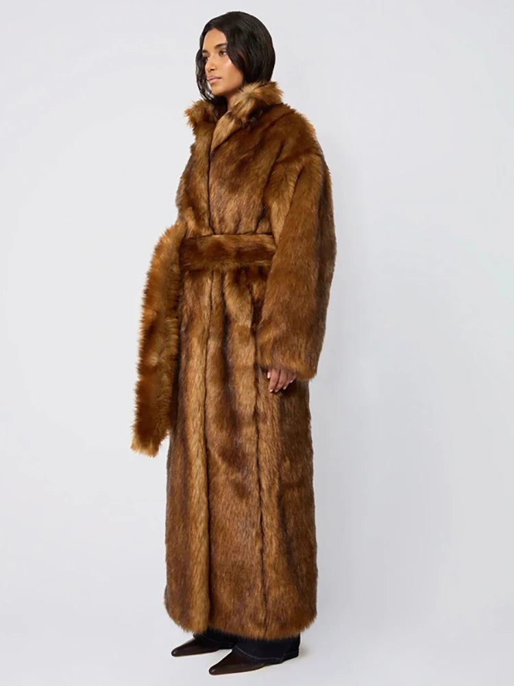 DEAT Fashion Brown X-long Faux Fur Coat Women's Lapel Loose Long Sleeves Sashes Plush Thick Overcoat Winter New 7A1470