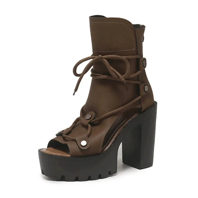 Women's Platform High Heel Ankle Boots Open Toe Lace Up Sandals Textured Finish Chunky Block Heel Zipper Closure Fashion...