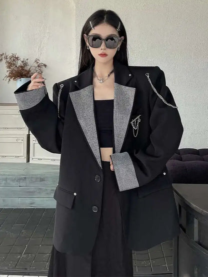 EAM Blazer rhinestone big size Metal Chain Women New Lapel Long Sleeve Loose Fit Jacket Fashion Tide Spring Autumn 2025 WQ20621