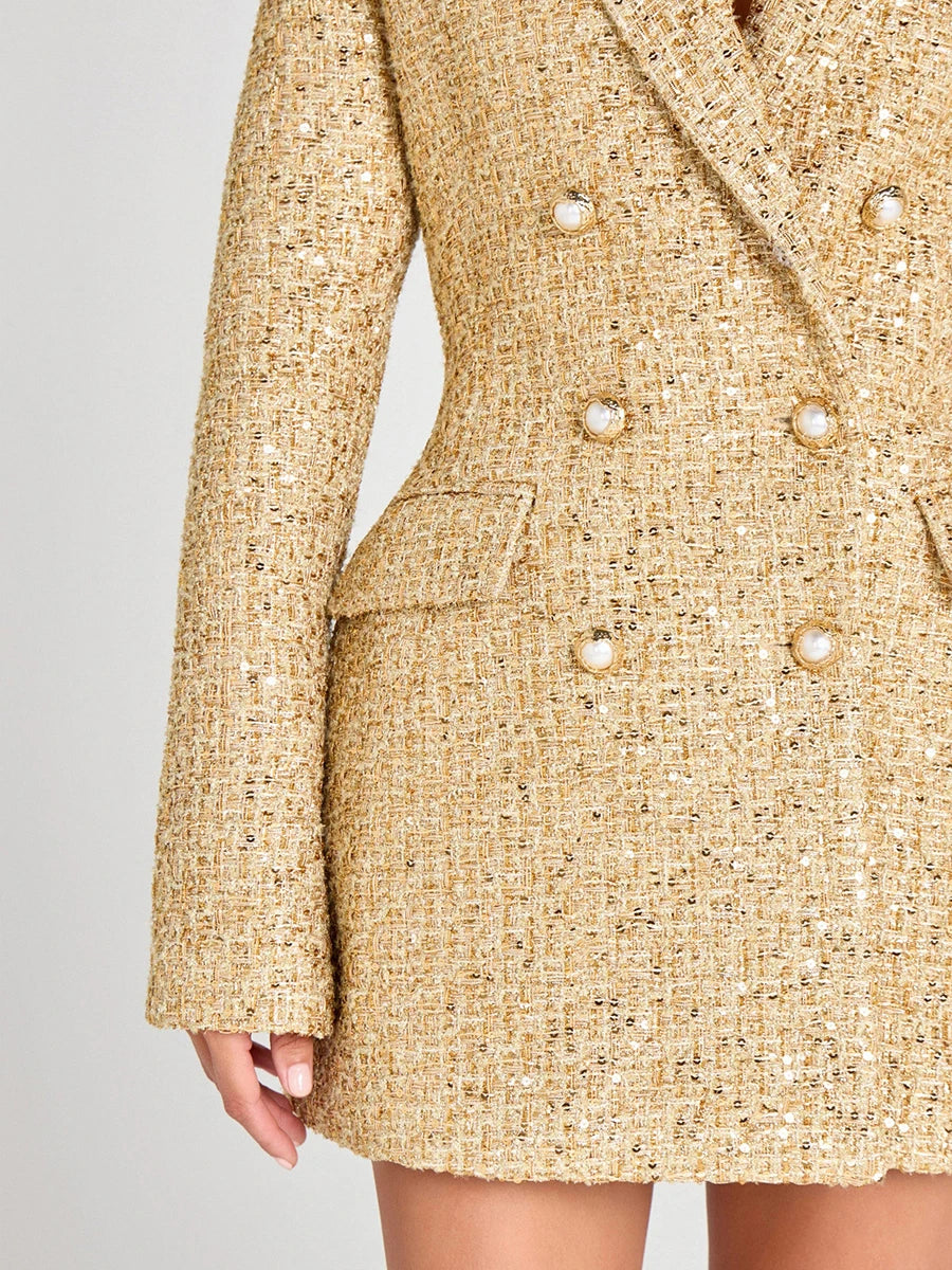 TWOTWINSTYLE Slimming Spliced Sequins Temperament Coats for Women Lapel Long Sleeves Tunic Patchwork Double Breasted Coat Female - Kimlud