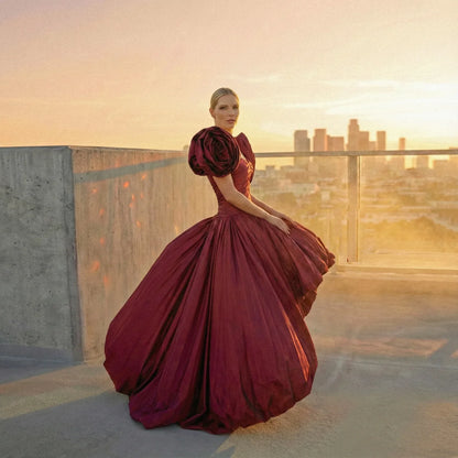 Burgundy Floral Party Dresses Custom Made Prom Dress Taffeta Pleated Long Prom Gowns Asymmetrical Long V Neck Women Dress - Kimlud
