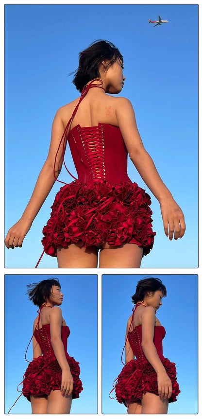 Stereoscopic Flowers Back Laceing Strapless Solid Bandage Mini Evening Dress Sweet Woman Birthday Party Patchwork Lace Up Dress