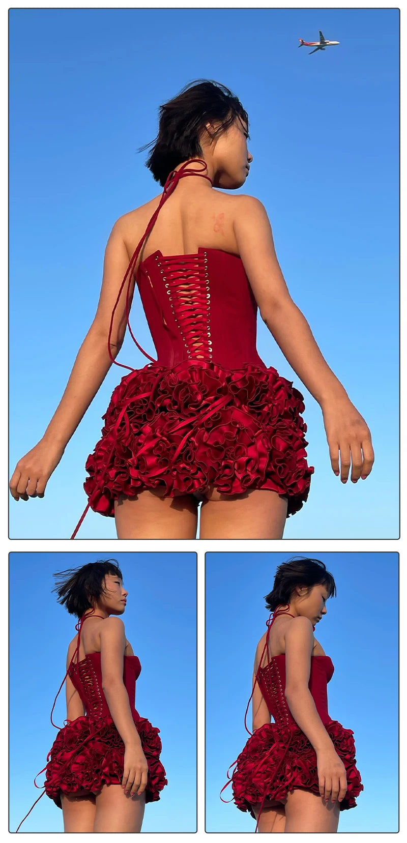 Stereoscopic Flowers Back Laceing Strapless Solid Bandage Mini Evening Dress Sweet Woman Birthday Party Patchwork Lace Up Dress