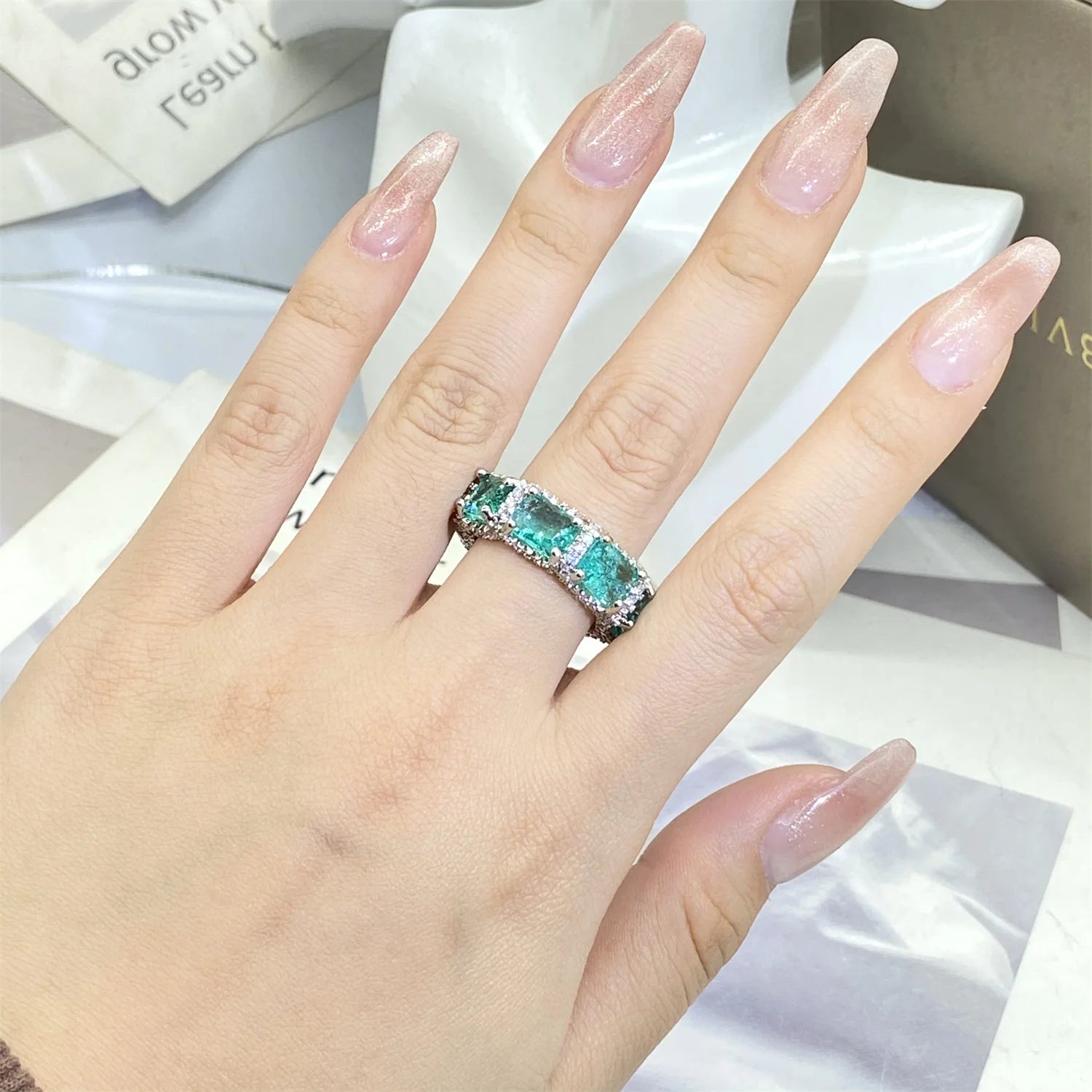 925 Stamp High-definition Paraiba Zircon Jewelry Heavy Industry Inlaid Aquamarine Topaz Ring Women's Party Wedding Rings...