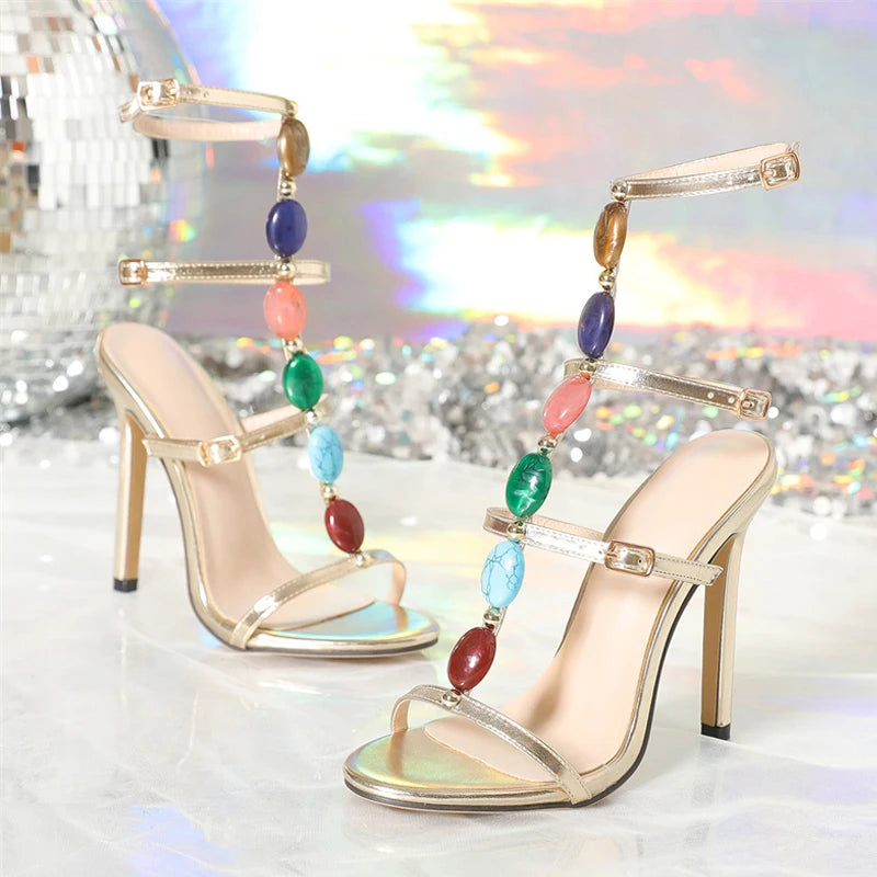 Liyke Bohemian Style Fashion Colour Gem Strap Designer High Heels Gladiator Sandals Women Summer Open Toe Wedding Banquet Shoes - Kimlud