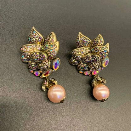 Luxury European and American Style Shining Necklace Earrings Purple Multi layered Glass Beads Flower Jewelry Set For Women