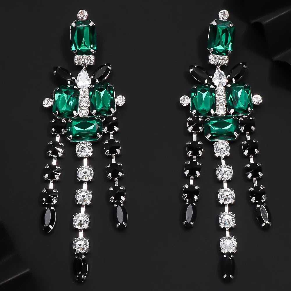 XSBODY Large Cross Pendant Choker Green Crystal Bridal Accessories Fashion Geometric Rhinestone Necklace Earrings Set Piercing