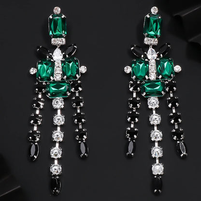 XSBODY Large Cross Pendant Choker Green Crystal Bridal Accessories Fashion Geometric Rhinestone Necklace Earrings Set Piercing