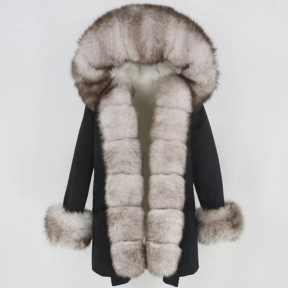OFTBUY 2024 Fashion Winter Jacket Women Real Fur Coat Natural Real Fox Fur Collar Loose Long Parkas Big Fur Outerwear Detachable