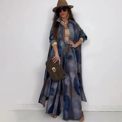 Women Two Pieces Pant Sets Print Cardigan Long Shirts Loose V Neck Button Shirt Spliced Casual Wide Leg Pants Suits Lady