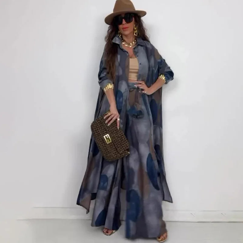 Women Two Pieces Pant Sets Print Cardigan Long Shirts Loose V Neck Button Shirt Spliced Casual Wide Leg Pants Suits Lady