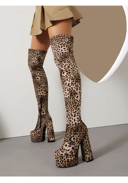 Plus Size High Platform Super Thick Heel Leopard Print Velvet Over The Knee Boots Roman Style Winter Sexy Long Boots