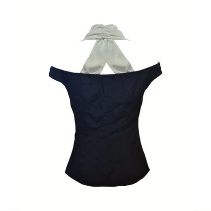 Women's Black White Contrast Off-Shoulder Top Halter Neckline Button Front Ideal for Evening Events Fashion-forward Outings - Kimlud