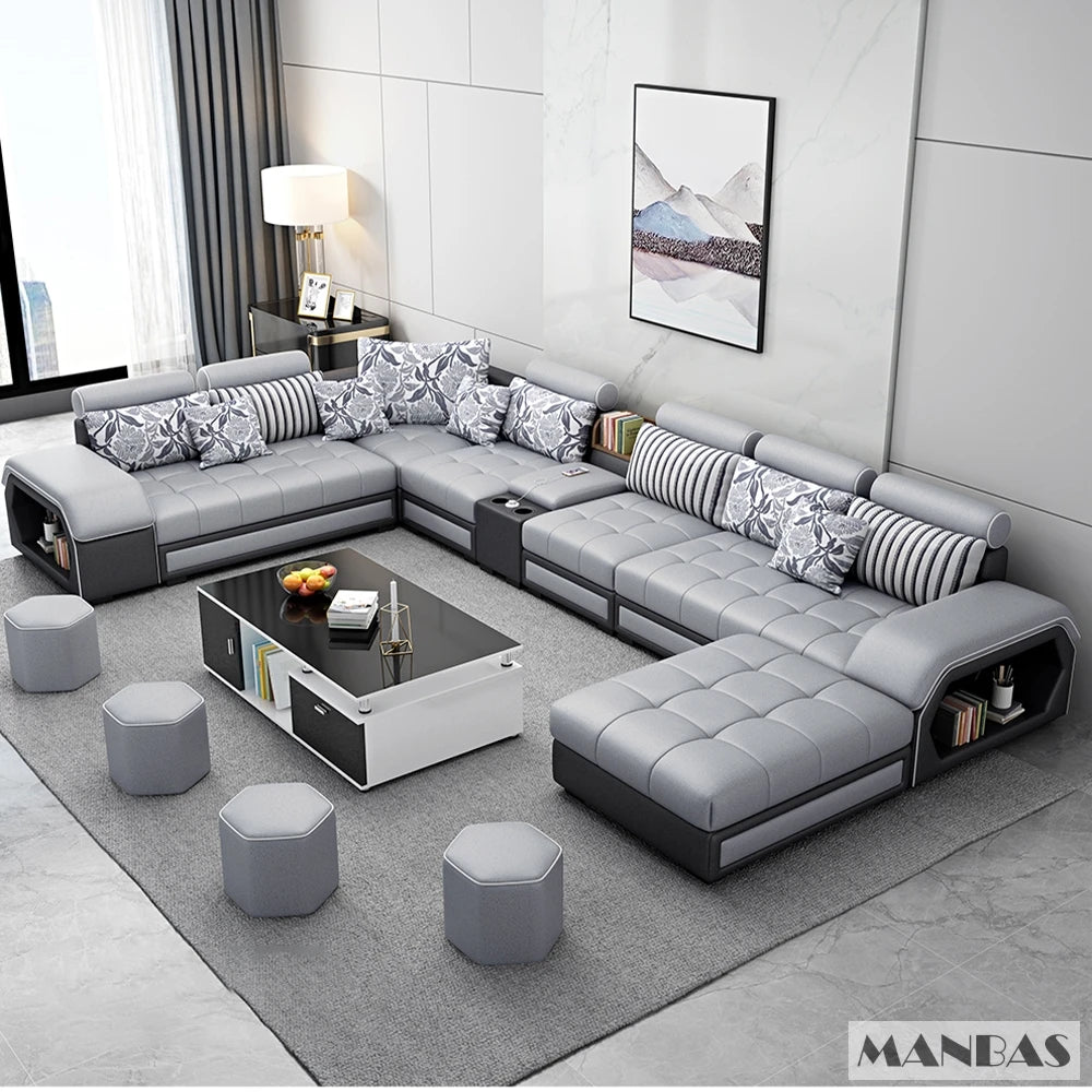 MINGDIBAO Fabric Sofa Set Furniture Living Room Sofa Set with USB and Stools / Big U Shape Cloth Couch Sofas for Home...