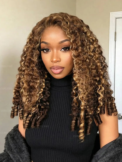 Highlight Burmese Curly 3 IN1 Half Wig Human Hair With Drawstring 250 Density Glueless Half Wig Flip Over Burmese Curly Half Wig