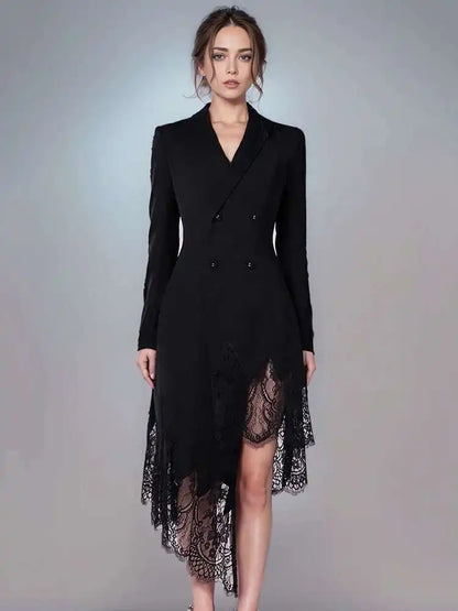 DEAT Fashion Women's Suit Dress Notched Doube Breasted Irregular Hem Lace Spliced Slim Suit Jackets Summer 2024 New Tide 7AB4231