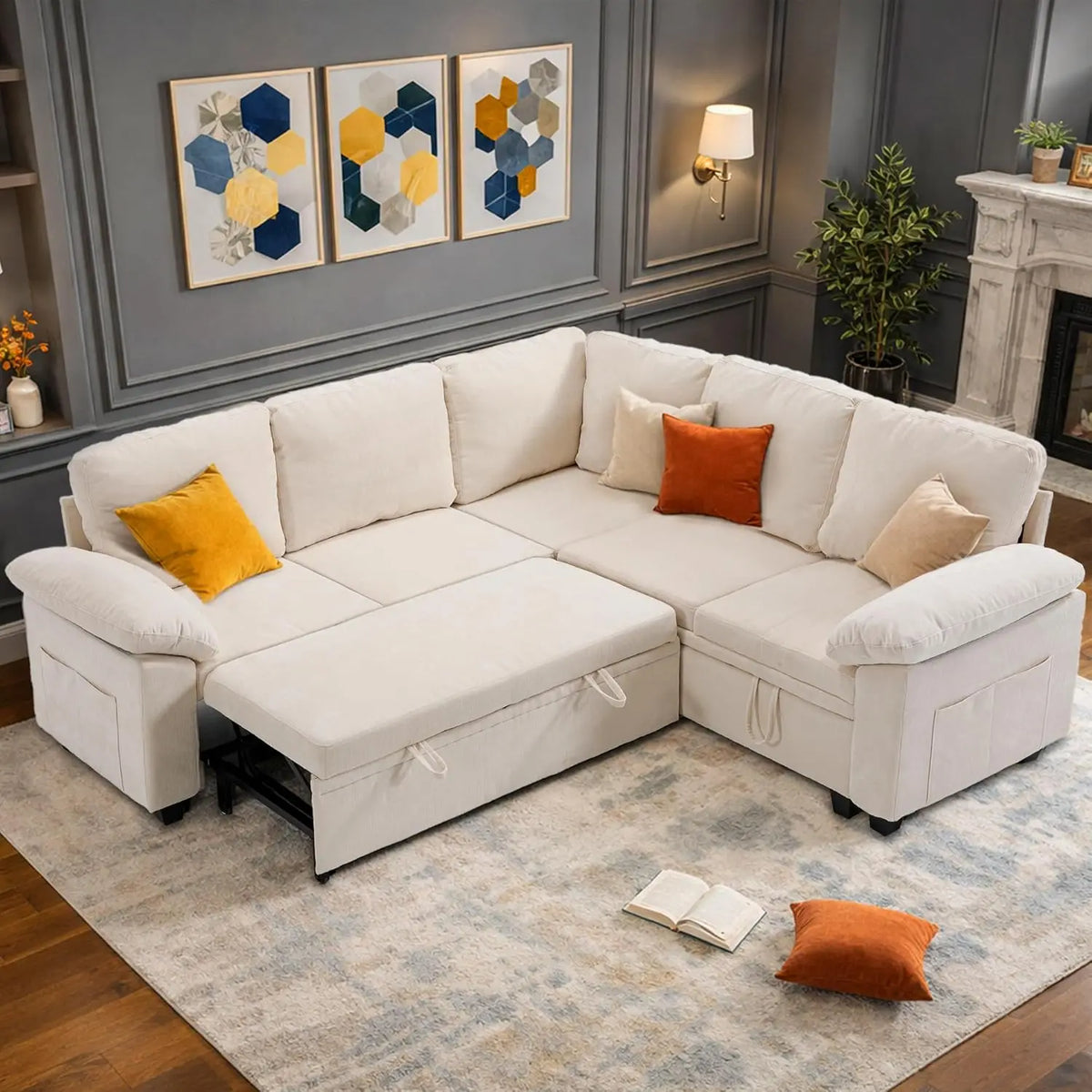 108in L-Shaped Sleeper Sectional Sofa Bed with Storage, Chenille, 5-Seat Modular for Living Room Apartment, Customized |...