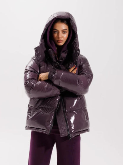 Chic Glossy Women's Thicken Cotton Coats Hooded Solid Loose Zippers Warm Lady Coat 2025 Winter Casual Female Street Jackets