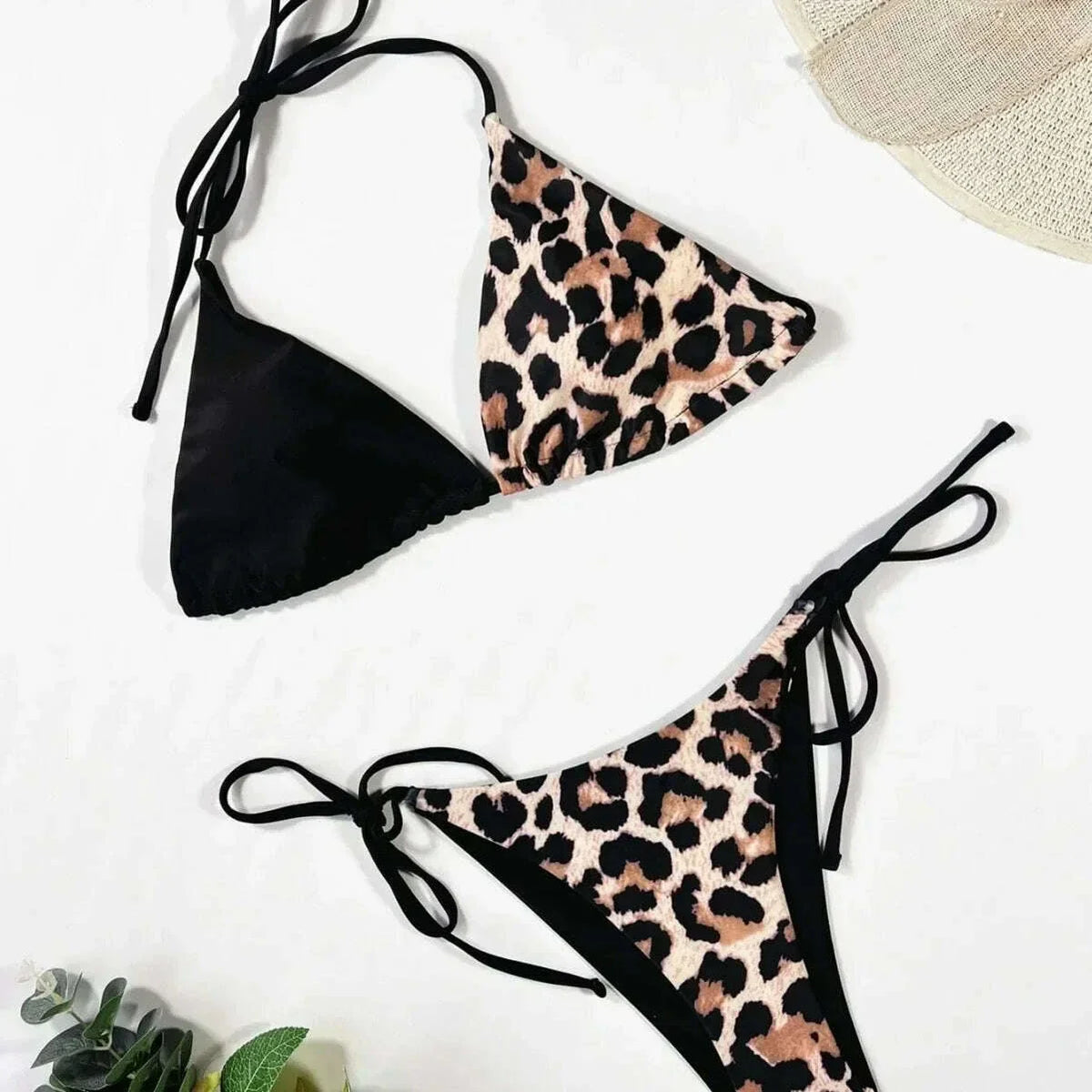 New Split Women's Swimsuit Leopard Print Sexy Halter Suspender Bikini Triangle Bag Bikini