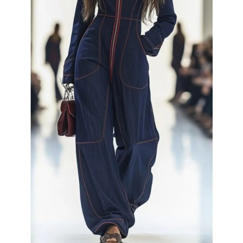 Women's Street Style Denim Jumpsuit 2026 Vintage Contrast Color Zipper Pockets Long Sleeve Wide-leg Long Jumpsuits...