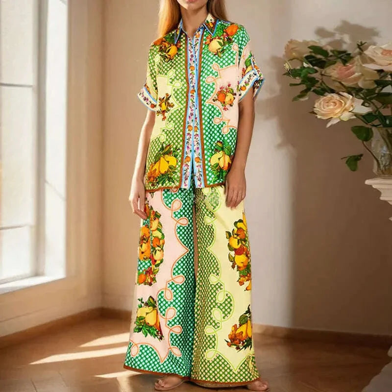 Long Sleeve Long Pant Sets Women  Retro Lapel Single Breasted Blouses Trousers 2 Piece Set Printed Color-blocking Elastic Waist
