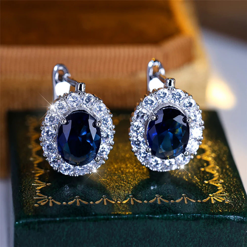 Cute Small Blue Green Zircon Stone Hoop Earrings For Women Charm Female Silver Color Wedding Jewelry Gift