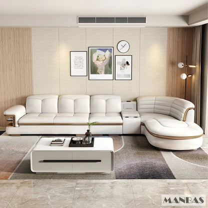 Luxury L-Shaped Genuine Leather Sectional Sofa Sets with USB, Bluetooth Speaker - Linlamlim Living Room Italian Leather Couches - Kimlud