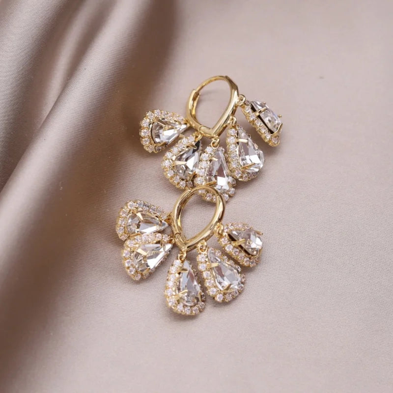 Korean new fashion jewelry 14K gold plated luxury water drop zircon tassel earrings elegant women's evening party...