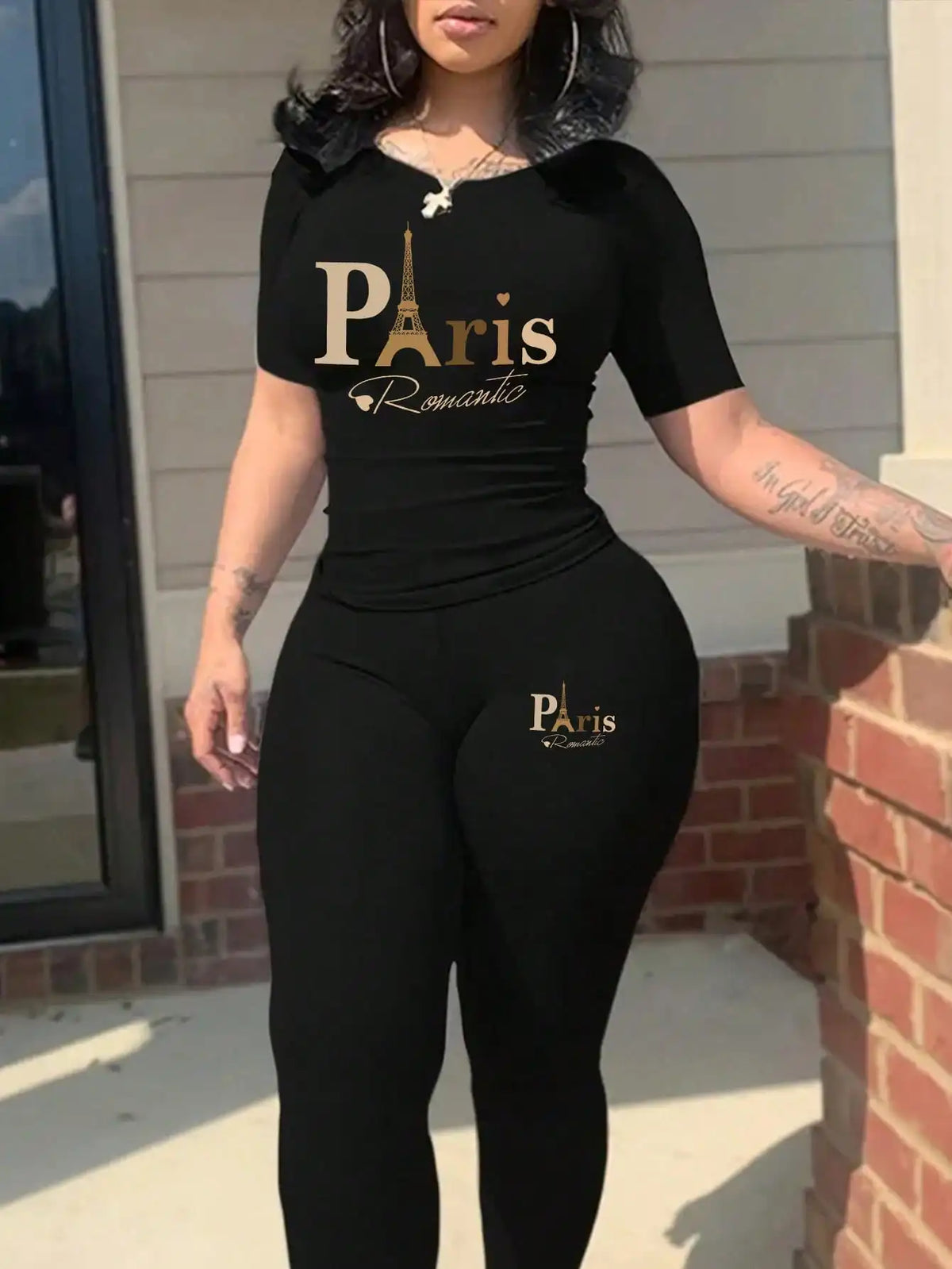Women's Paris Printed Two-Piece Set Casual round Neck Short Sleeve T-Shirt And High Waist Tight Pants Long Pants Outfit...