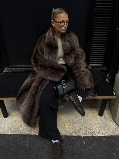 Brown Stripes Gradient Premium Faux Fur Maxi Long Coat Luxury Vintage Fluffy Lapel Collar Midi Coat Pinterest Style Slay Outfits