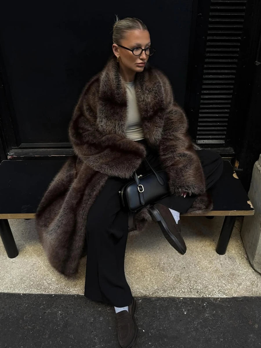 Brown Stripes Gradient Premium Faux Fur Maxi Long Coat Luxury Vintage Fluffy Lapel Collar Midi Coat Pinterest Style Slay Outfits