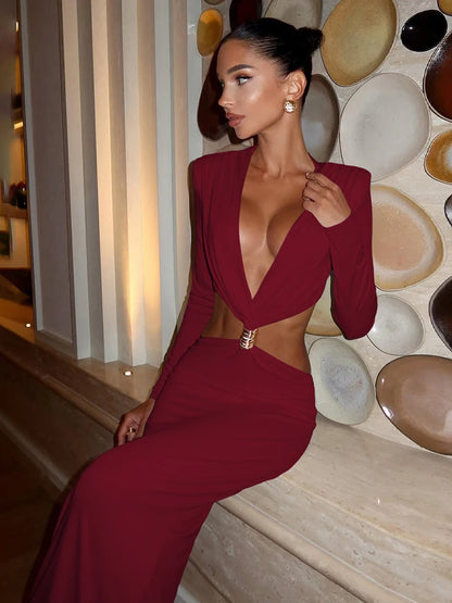 Sisterlinda Sexy Waistless Long Dress Women Ruched Deep V-Neck Full Sleeve Metal Buckle Patchwork Prom Party Elegant Clothing