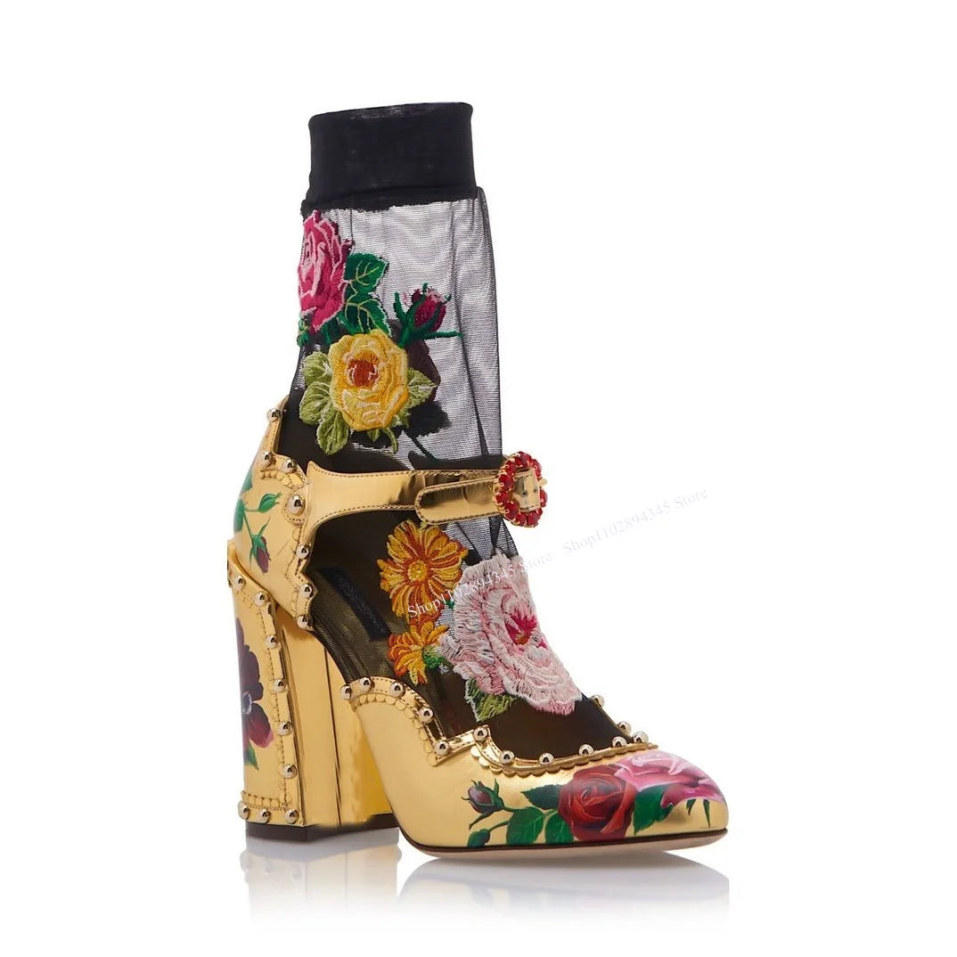 Gold Flower Pattern Buckle Pumps Pointed Toe Chunky Heel Fashionable Sexy 2025 Summer Big Size Woman Shoes Zapatillas Mujer