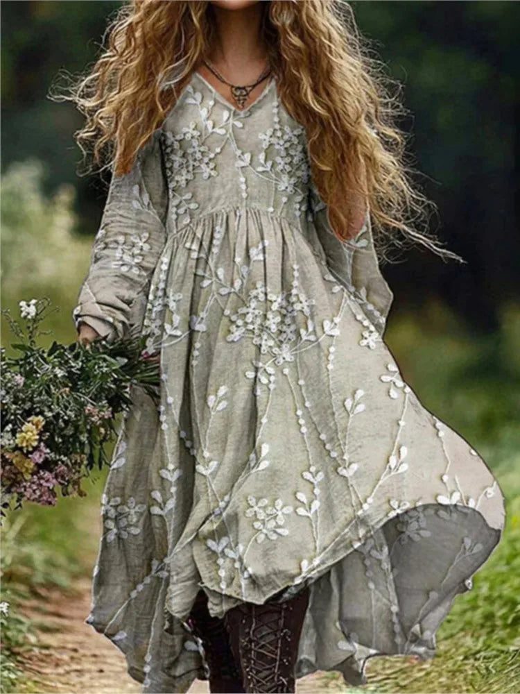 Boho Vintage Print Long Dresses For Women 2025 Casual V Neck Full Sleeve Splice High Waist Loose Dress Autumn Fashion Vestidos - Kimlud