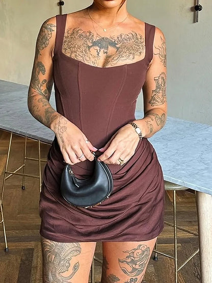 Nibber Peach Hip Dress Women Elegant Christmas Low Chest Sleeveless Ruched Patchwork Birthday Party Dating Chic Skinny Clubwear