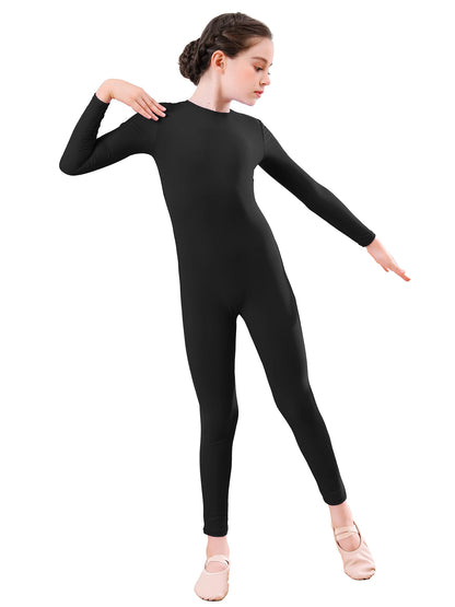 AOYLISEY Girls Black Long Sleeve Unitard Boys Gymnast Bodysuit Spandex Full Body Kids Jumpsuit Scoop Neck Dance Costumes