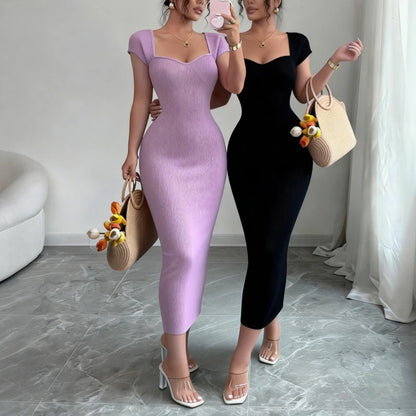 Women's Purple Sweetheart Neck Short Sleeve Stretchy Ribbed Knit Bodycon Midi Dress Summer Beach Vacation Party Long Dress - Kimlud