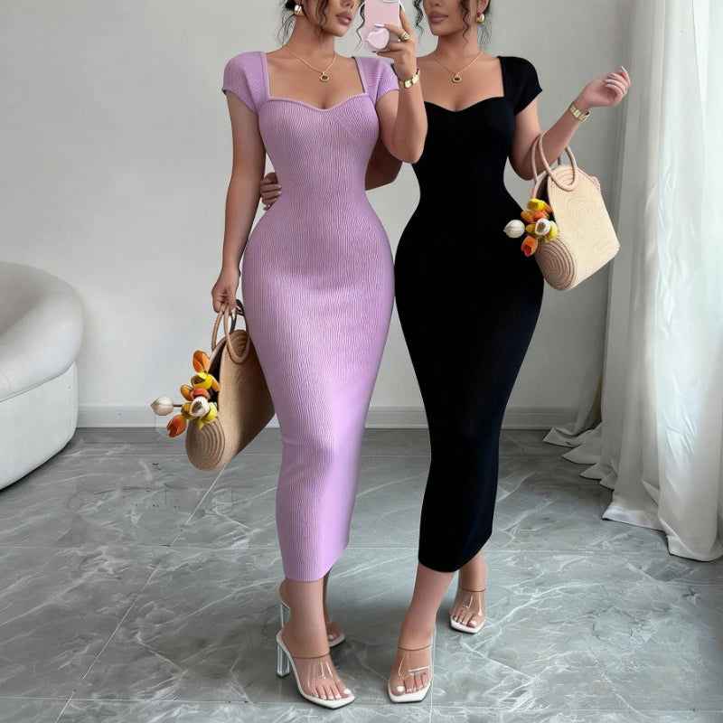 Women's Purple Sweetheart Neck Short Sleeve Stretchy Ribbed Knit Bodycon Midi Dress Summer Beach Vacation Party Long Dress - Kimlud