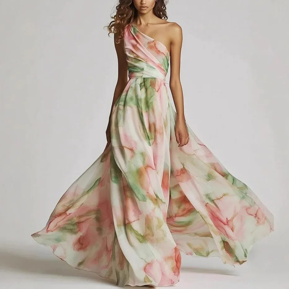 Elegant Women's Dress Sexy One-Shoulder Tie-Dye Party Dress Fashion Sleeveless Printed High Waist Large Hem Skirt Maxi Dress - Kimlud