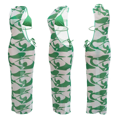 Fashion Print Slim Dress Bikini Three Piece Set Women Sexy Hollow Out Package Hip Bodycon Mesh Dresses Sets Trendy Lady Clothing